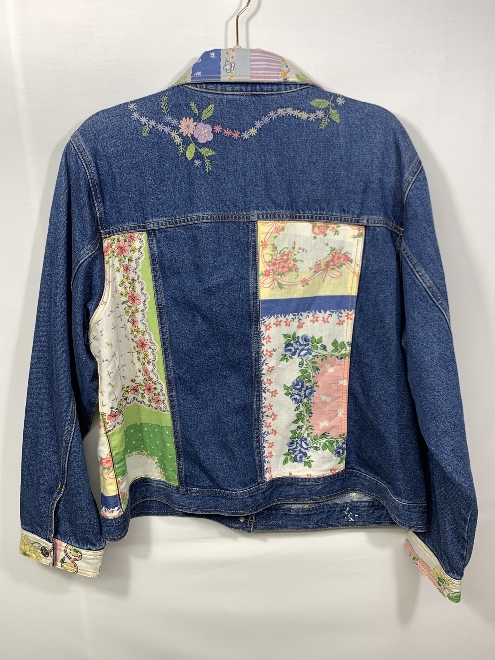 Susan Bristol Blue Denim Jacket with Pastel Floral Bow Patchwork Trim - Picture 13 of 13